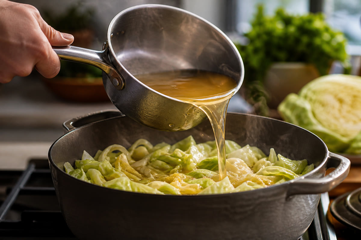 Bouillon versé à hauteur sur des feuilles de chou dans une cocotte