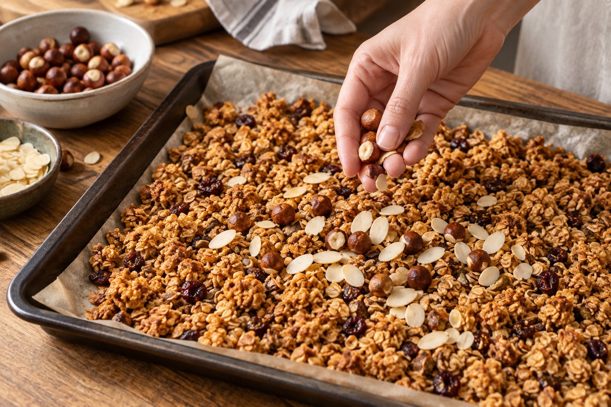 Noisettes et amandes ajoutées sur un granola refroidi dans sa plaque