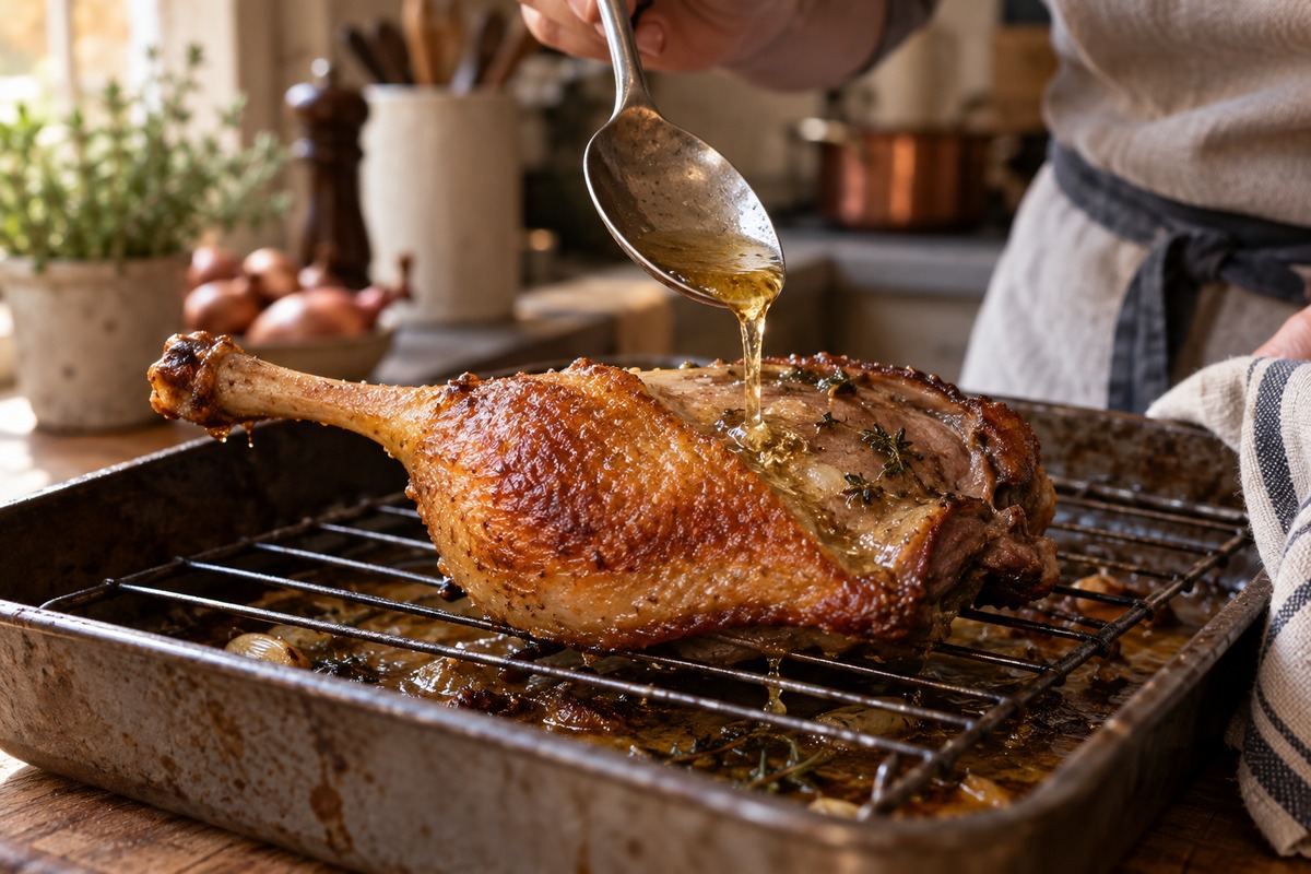 Cuisse de canard rôtie arrosée sur le côté chair