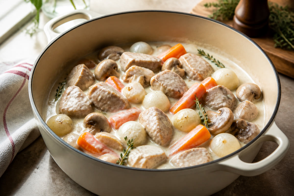 Blanquette de veau à l’ancienne avec carottes champignons et sauce blanche