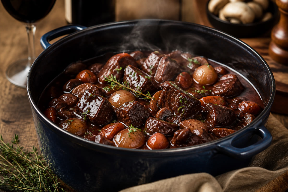 Bœuf bourguignon mijoté en cocotte avec sauce sombre brillante