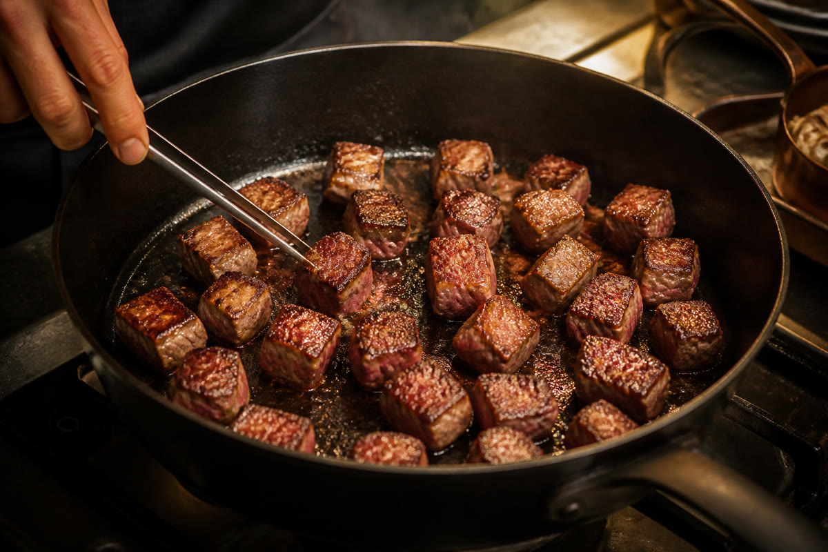 Cubes de bœuf saisis en petite fournée dans une poêle chaude