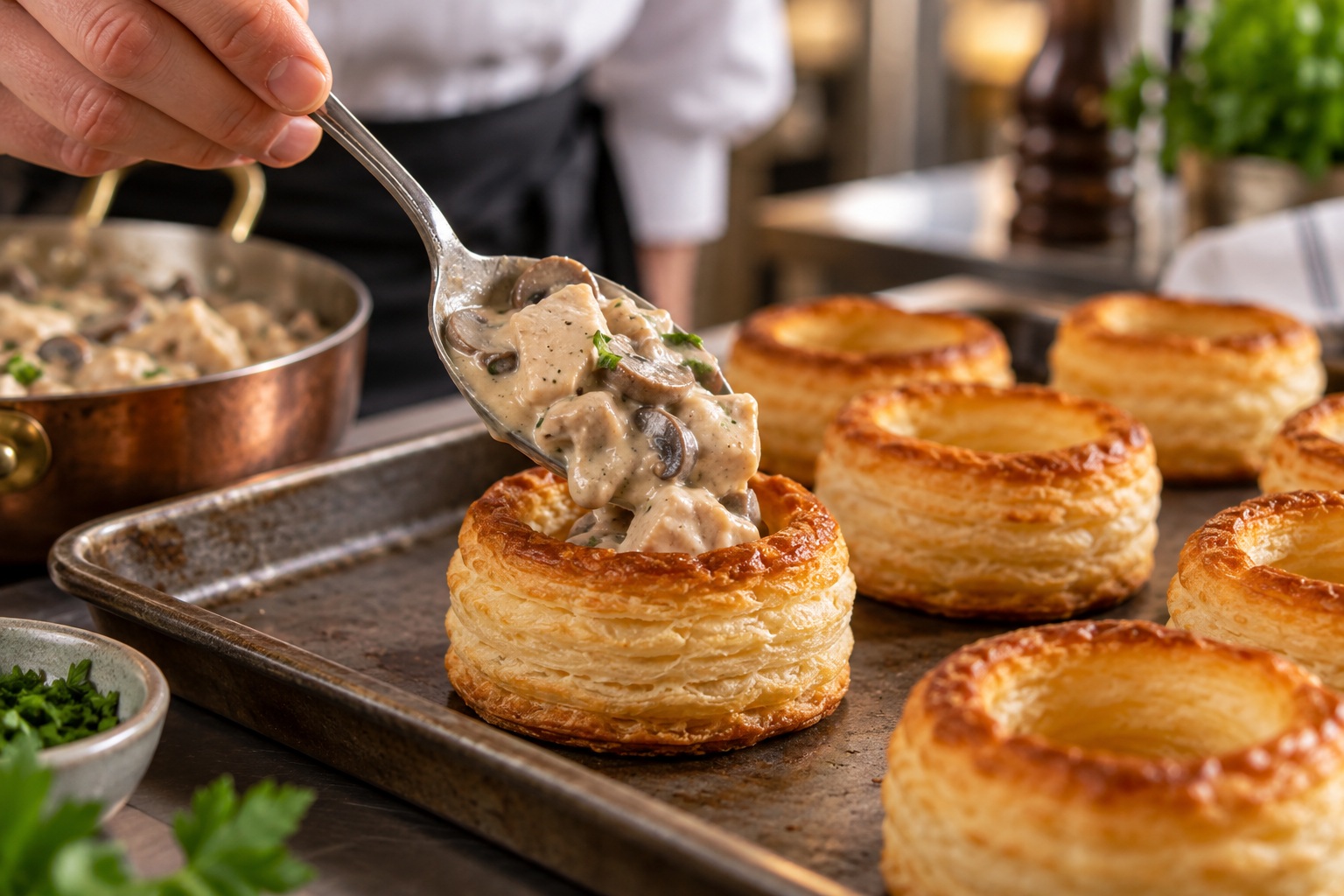 Garnir une bouchée à la reine avec une sauce épaisse juste avant le service