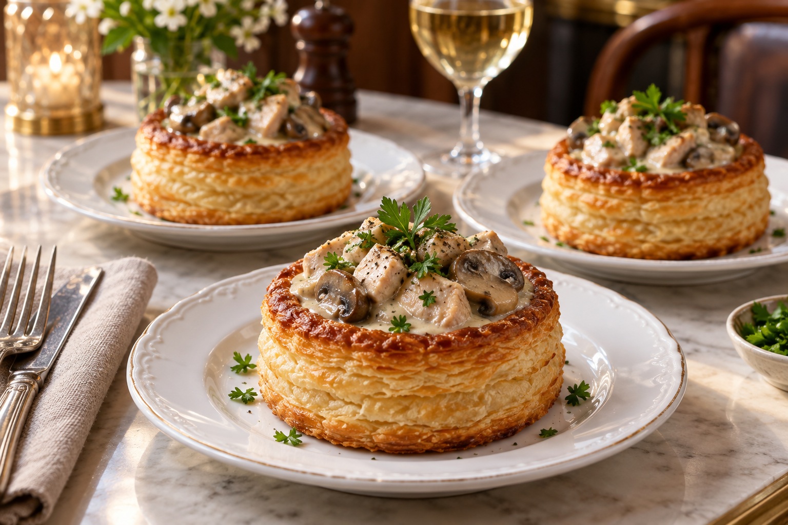 Bouchées à la reine au poulet et champignons avec un feuilletage doré et sec