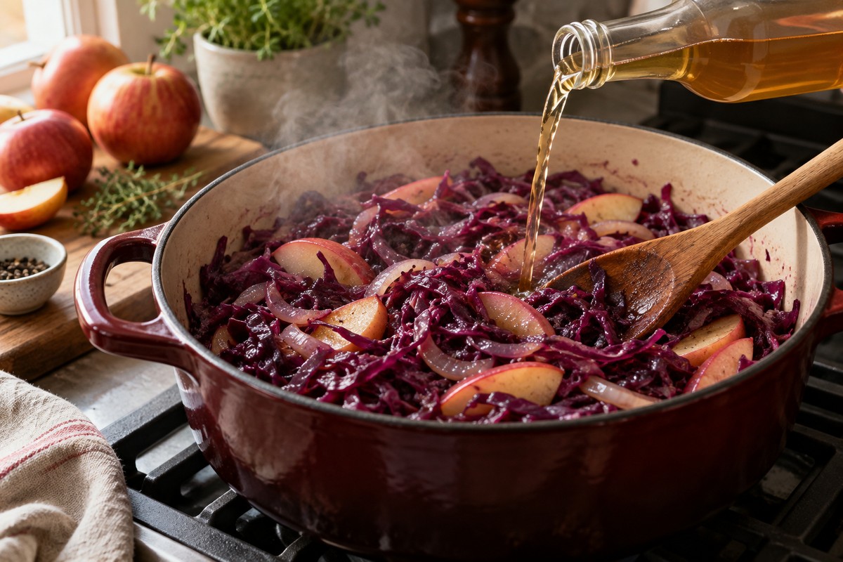 Chou rouge et pommes dans une cocotte pendant l’ajout de vinaigre
