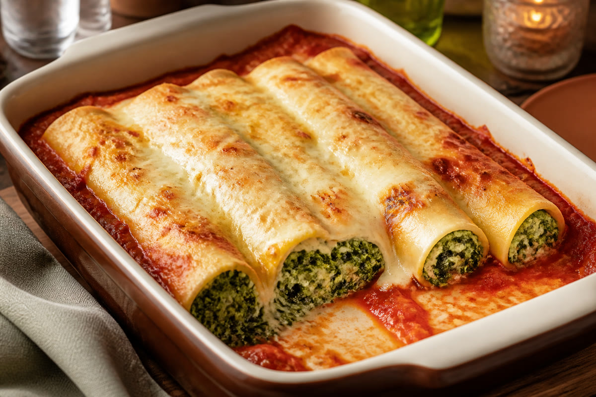 Cannelloni épinards ricotta gratinés avec farce verte crémeuse visible