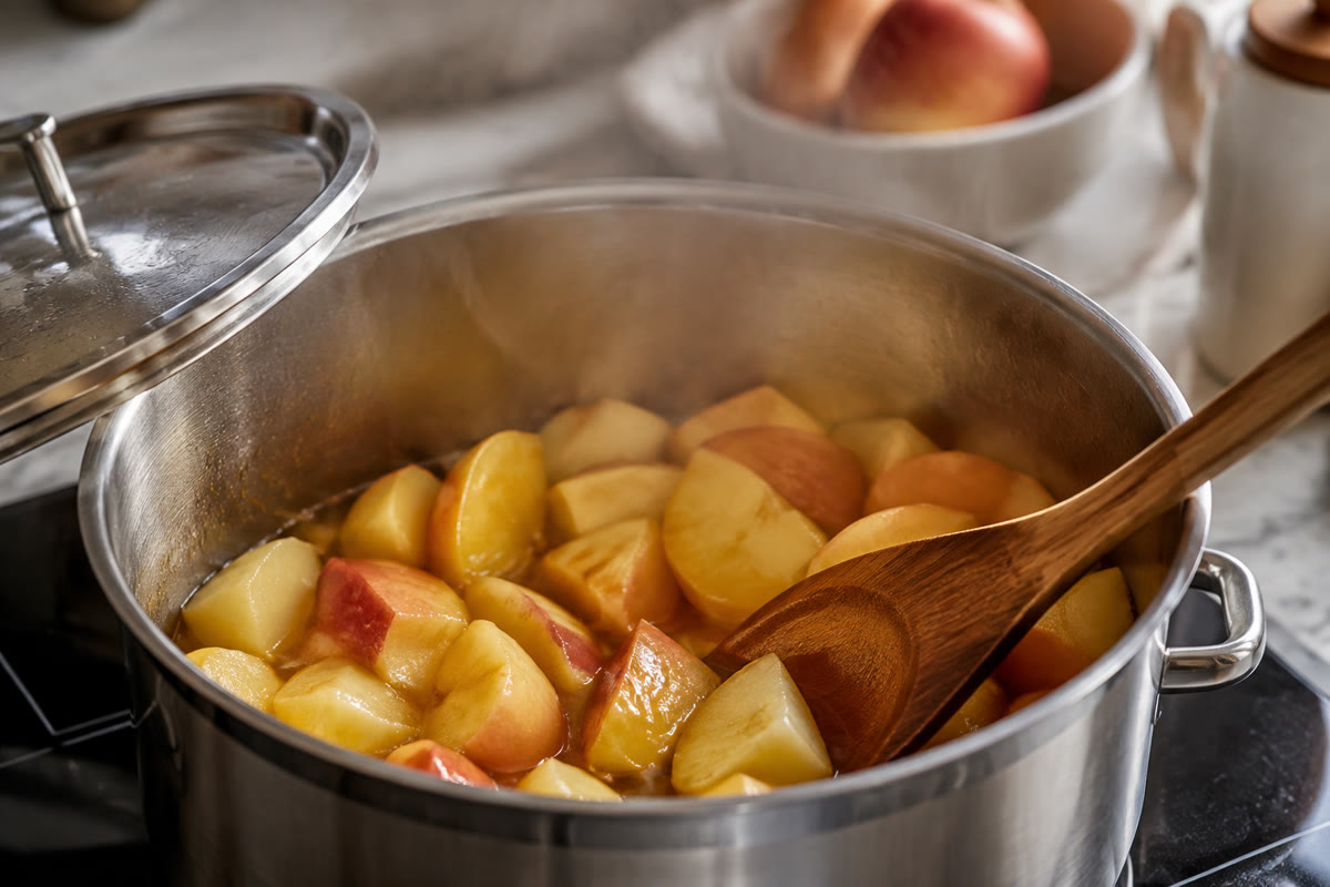 Quartiers de pommes cuisant dans une casserole avec un fond d’eau et une cuillère en bois
