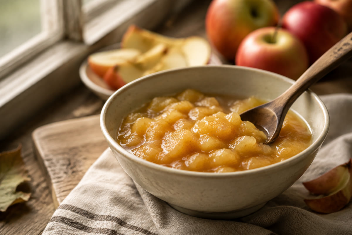 Bol de compote de pommes maison rustique avec cuillère en bois