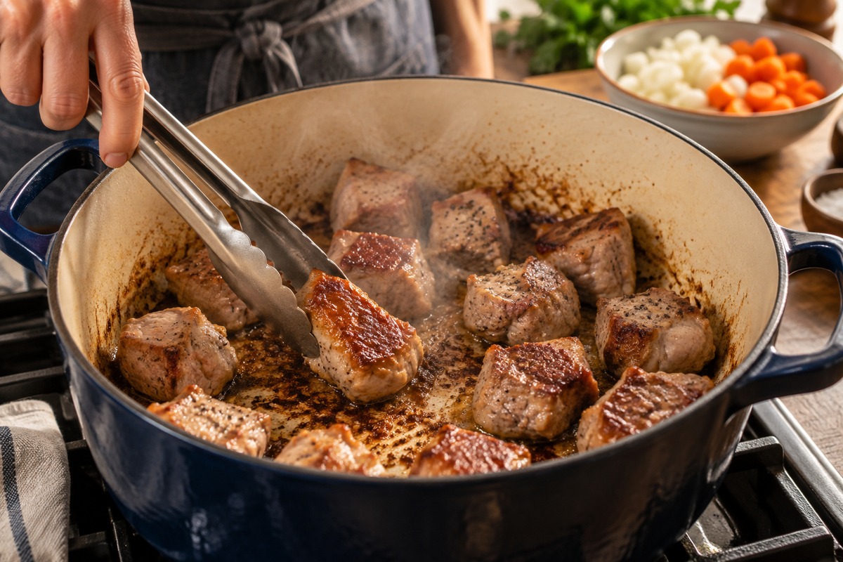 Morceaux de veau dorés dans une cocotte avec une pince de cuisine