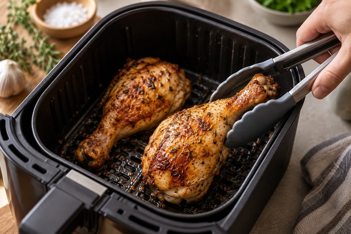 Cuisse de poulet dorée retournée avec une pince dans un panier d’air fryer