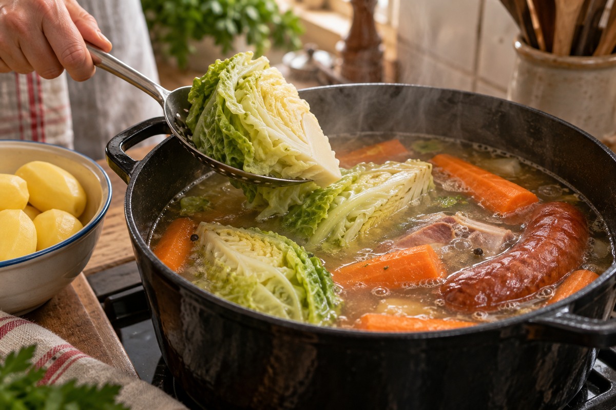 Quartier de chou vert ajouté dans une cocotte de potée avec carottes et saucisse