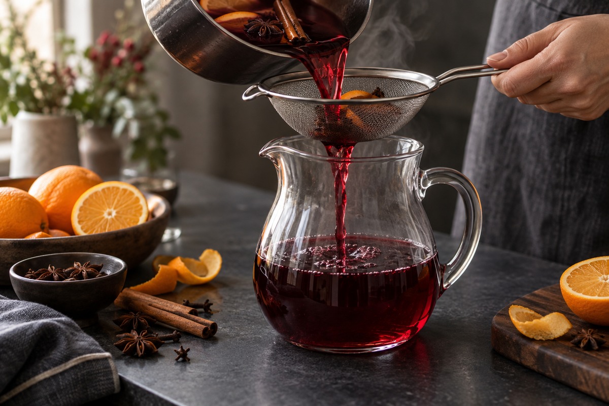 Vin chaud rouge filtré dans une passoire fine au-dessus d’un pichet en verre