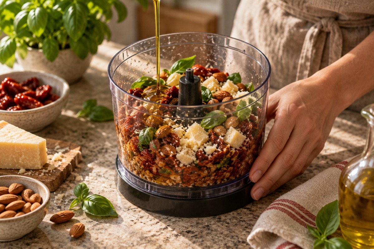 Huile d’olive ajoutée en filet dans un robot contenant tomates séchées, amandes et parmesan pour pesto rosso