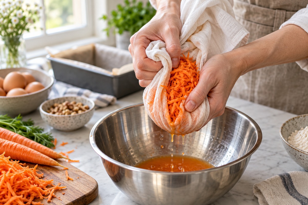 Carottes râpées pressées dans un torchon au-dessus d’un saladier