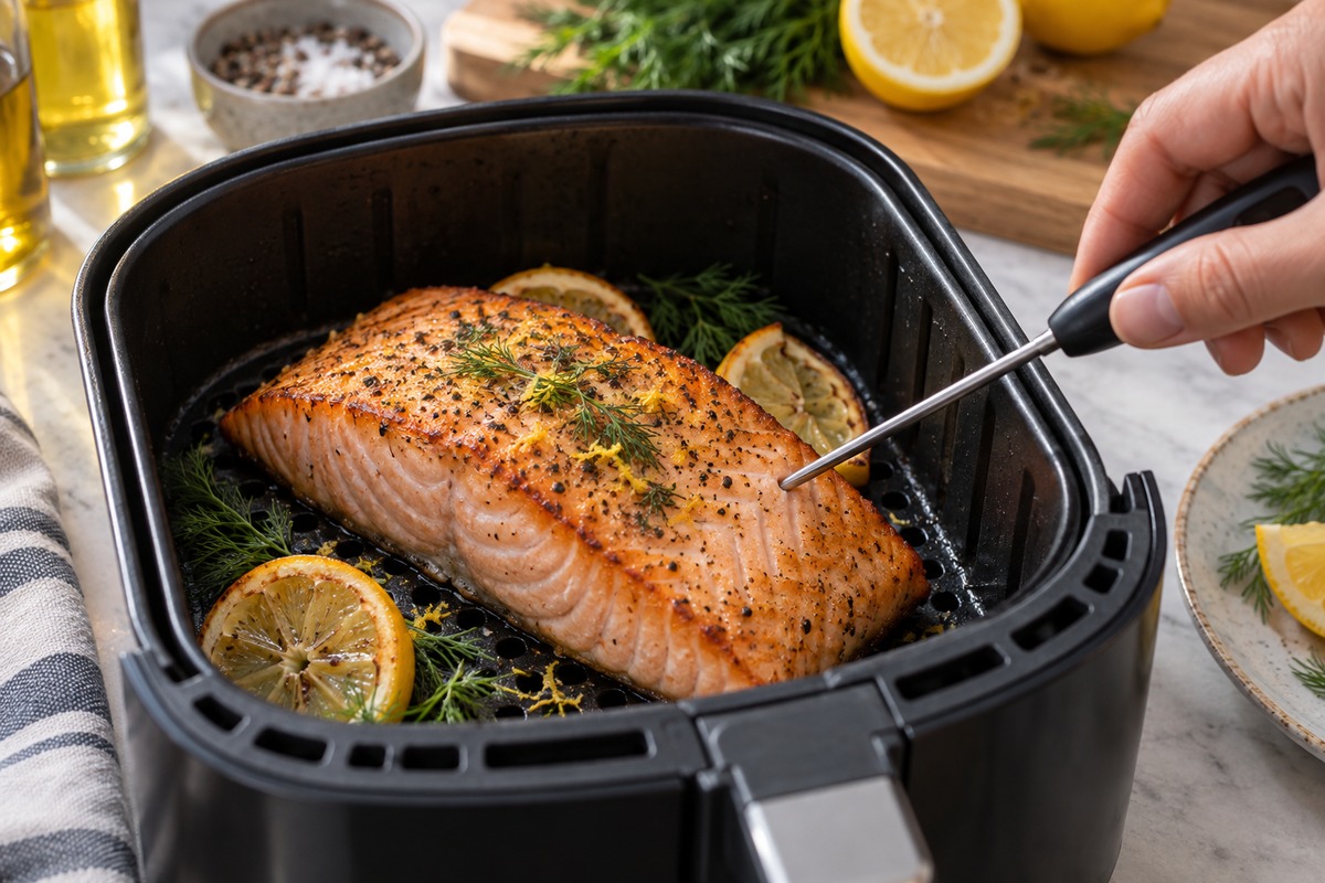 Thermomètre planté dans un pavé de saumon cuit dans un panier d’air fryer
