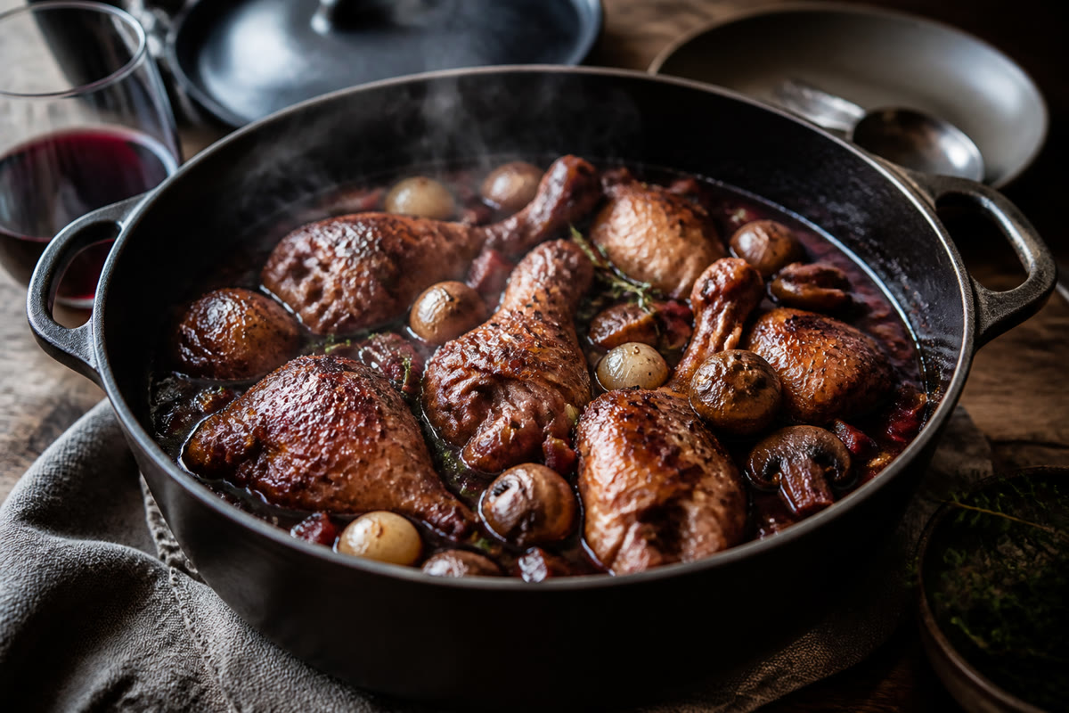 Coq au vin en cocotte avec morceaux de poulet, champignons et petits oignons