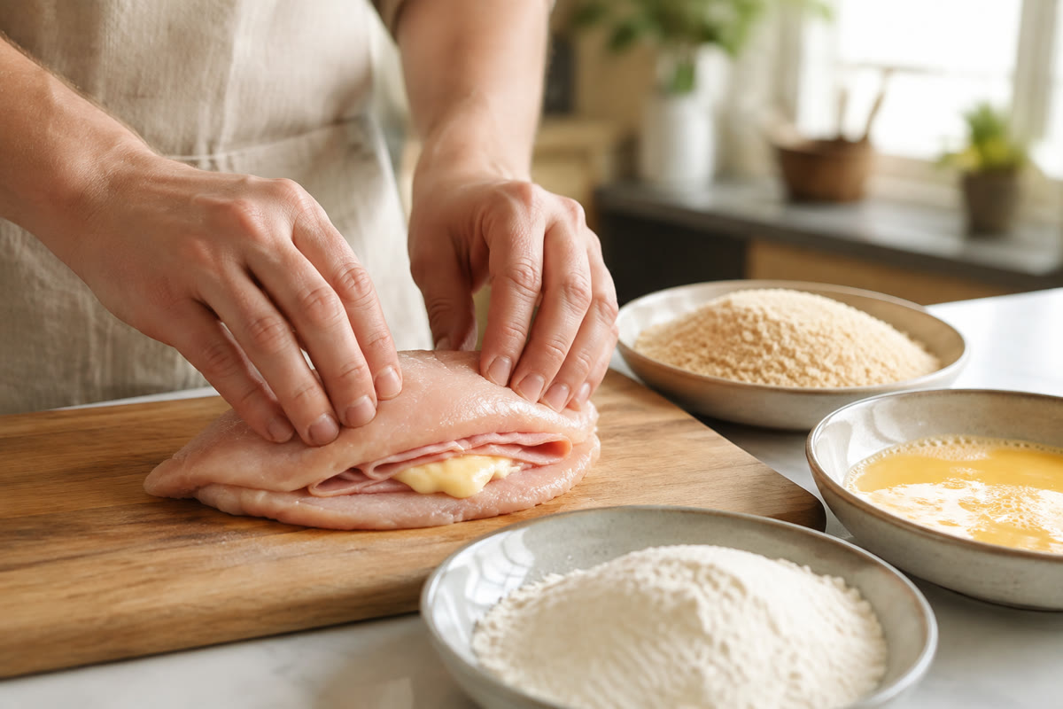 Mains repliant une escalope de poulet garnie de jambon et fromage avant panure