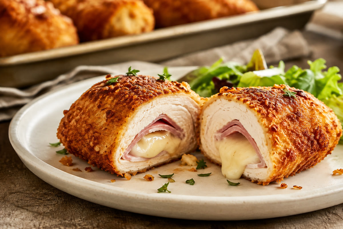 Cordon bleu maison coupé avec panure dorée et fromage fondu retenu au centre