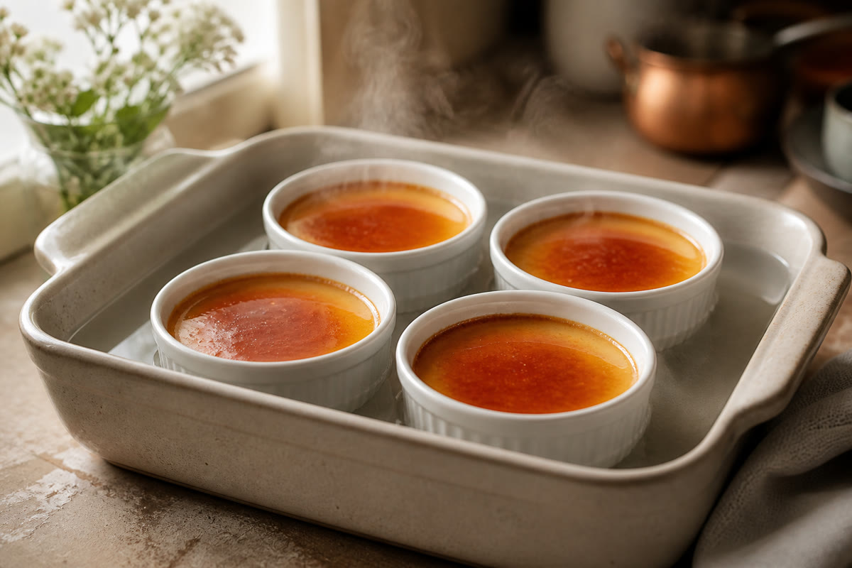 Quatre ramequins de crème caramel en cuisson douce au bain-marie