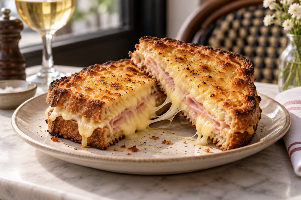 Croque-monsieur coupé avec pain croustillant, béchamel dorée et fromage fondant
