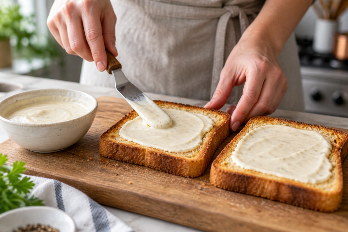 Main étalant une couche fine de béchamel sur du pain de mie légèrement toasté
