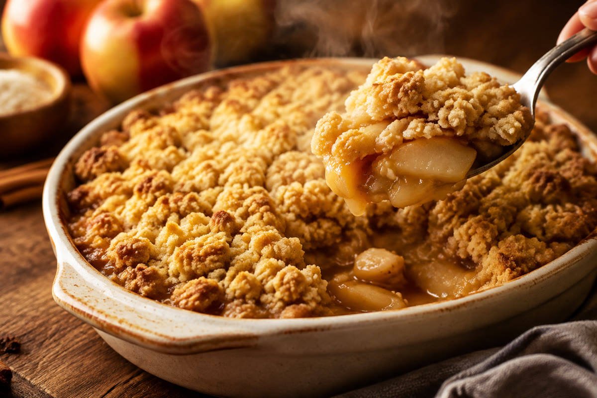 Crumble aux pommes tiède avec croûte dorée et fruits fondants visibles