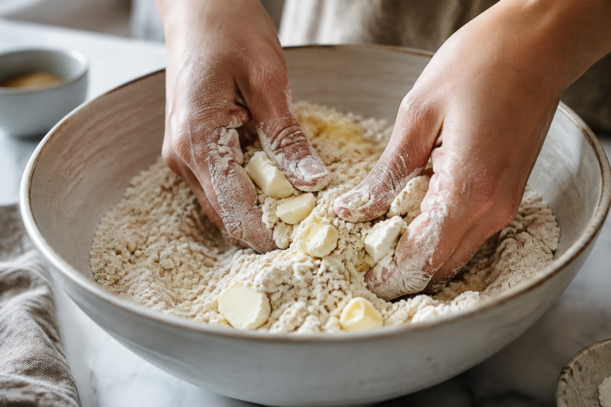 Mains sablant du beurre froid dans la farine et le sucre pour préparer un crumble aux pommes