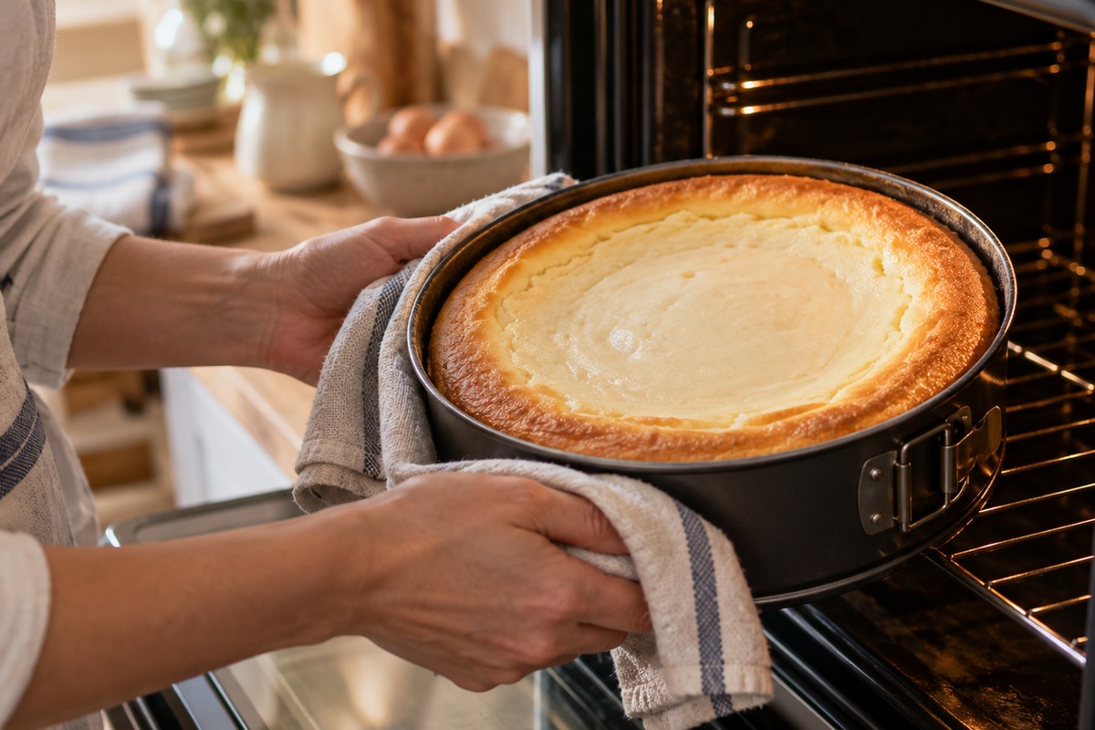 Gâteau au fromage blanc doré dans son moule à charnière