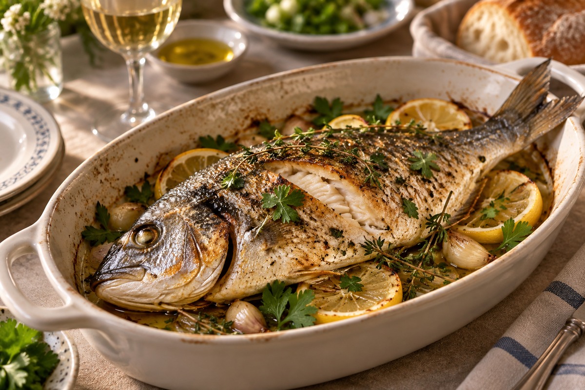Dorade entière rôtie avec citron et herbes, chair nacrée visible près de l arête