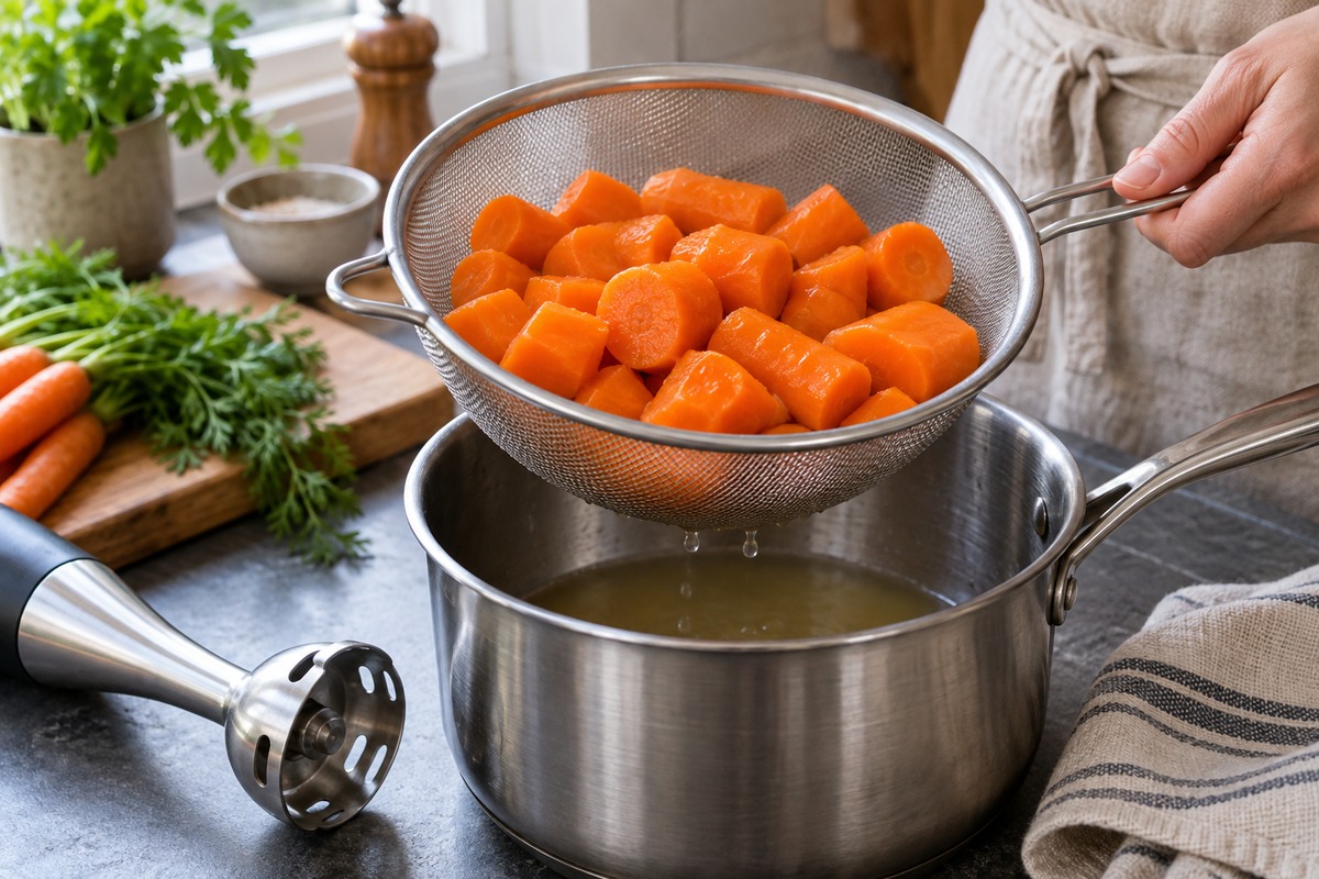 Des carottes cuites s’égouttent dans une passoire avant d’être mixées