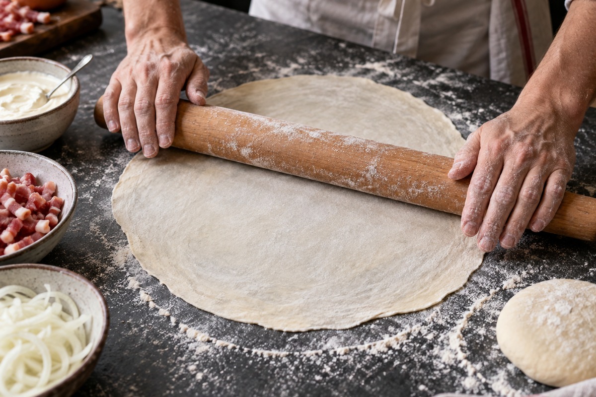 Pâte de tarte flambée étalée très finement au rouleau