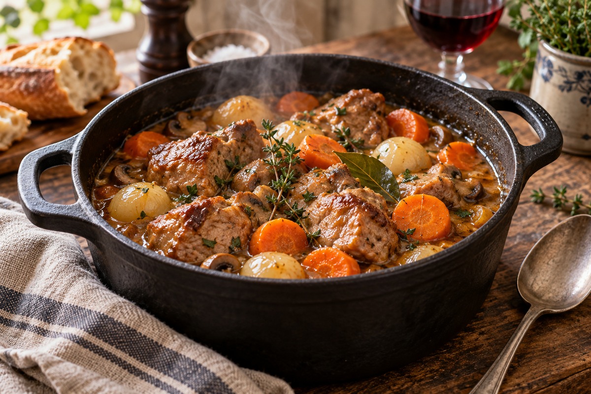Sauté de veau en cocotte avec carottes et petits oignons dans une sauce ambrée