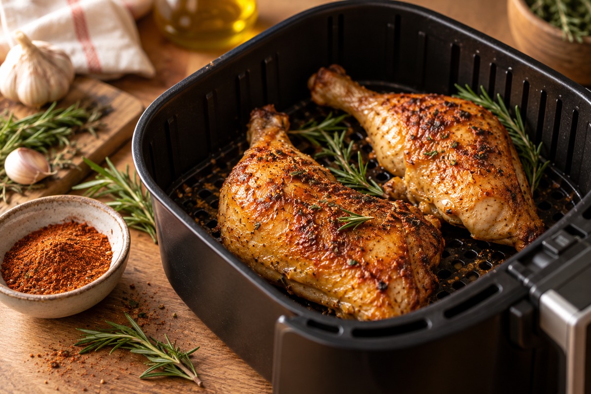 Deux cuisses de poulet dorées dans un panier d’air fryer