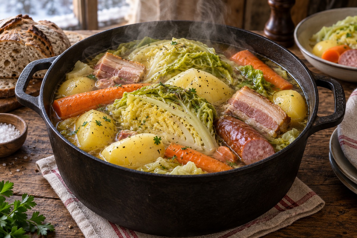 Potée au chou avec pommes de terre, carottes, saucisse et poitrine dans une cocotte