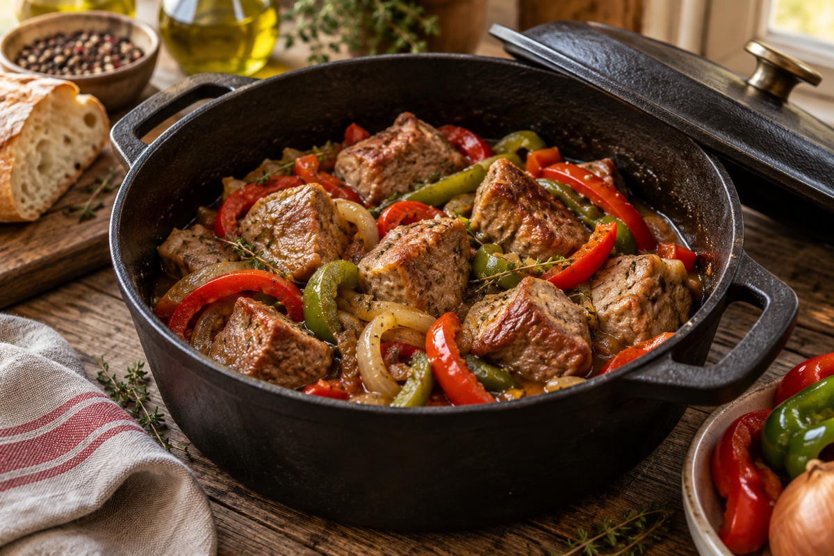 Axoa de veau avec des poivrons rouges et verts fondants dans une cocotte