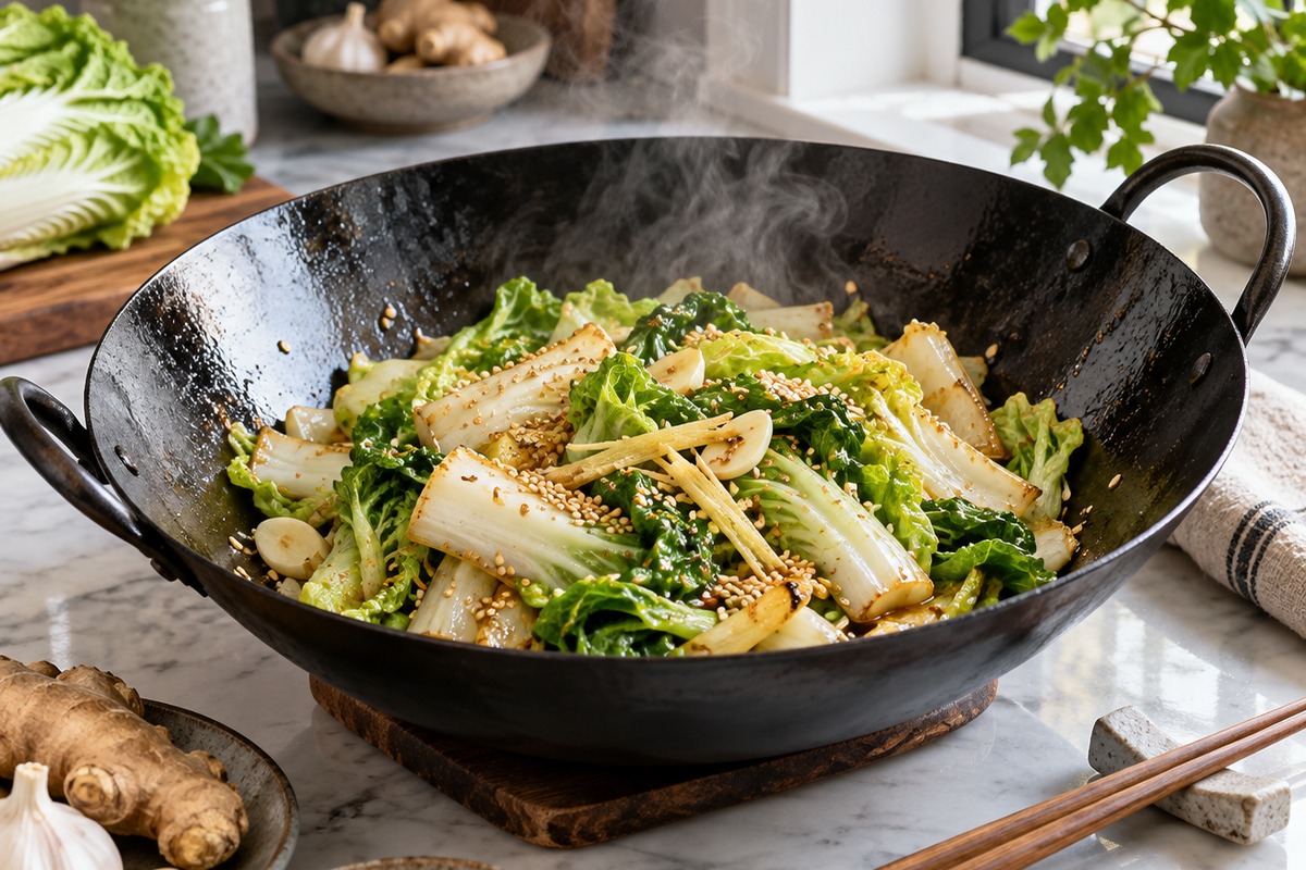 Chou chinois sauté au wok avec gingembre, ail et sésame