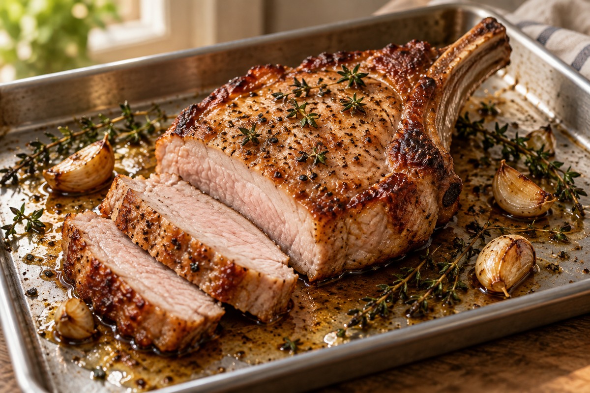 Côte de porc dorée et tranchée dans un plat avec ail, thym et jus de cuisson