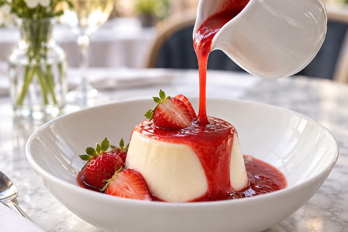 Coulis de fraise versé sur une panna cotta avec fraises fraîches