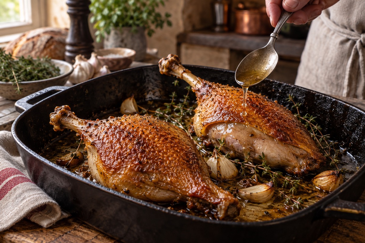 Cuisses de canard rôties avec une peau dorée et croustillante