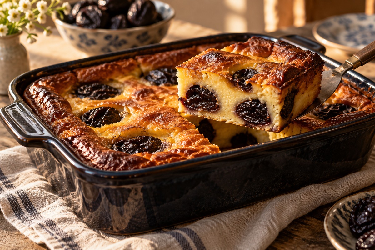 Part de far breton aux pruneaux prélevée dans un plat en céramique