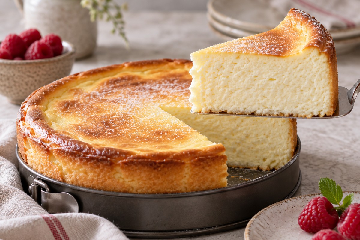Part de gâteau au fromage blanc légère et dorée dans un moule à charnière