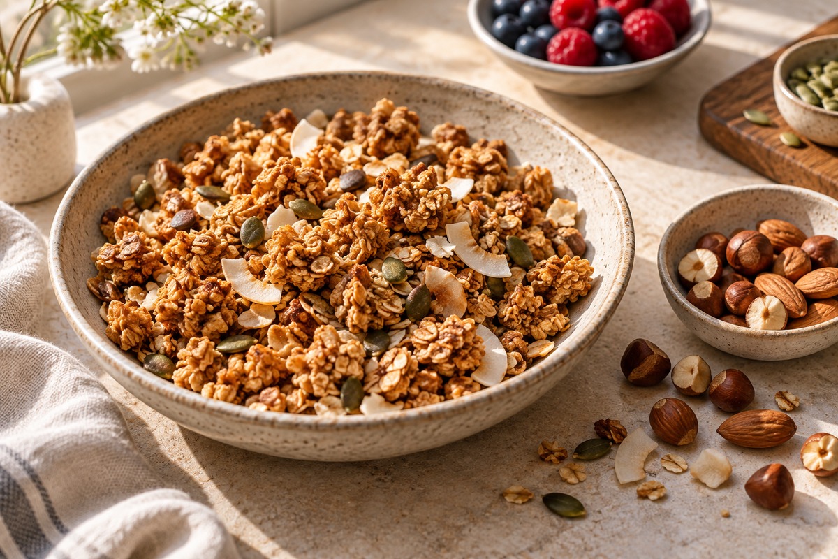 Bol de granola maison croustillant avec graines, noisettes et amandes