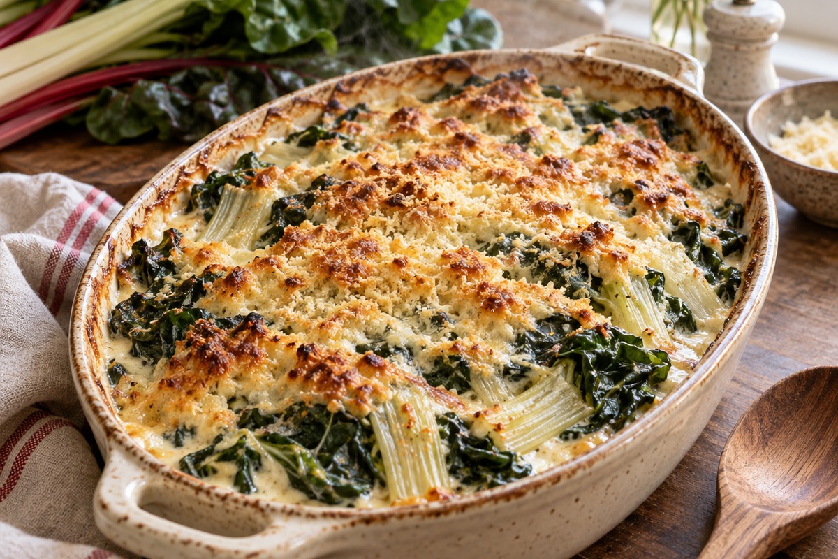 Gratin de blettes doré dans un plat en céramique
