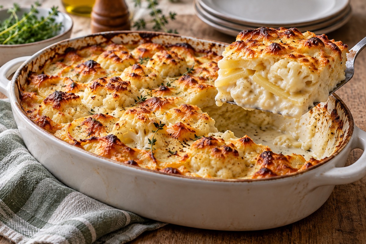 Gratin doré de chou-fleur et pommes de terre avec une part servie proprement
