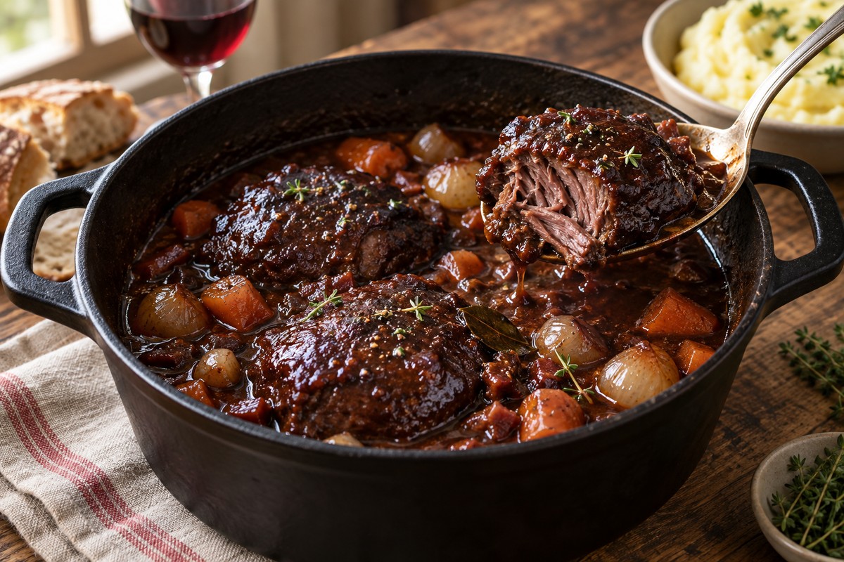 Joues de porc fondantes dans une cocotte avec carottes et petits oignons