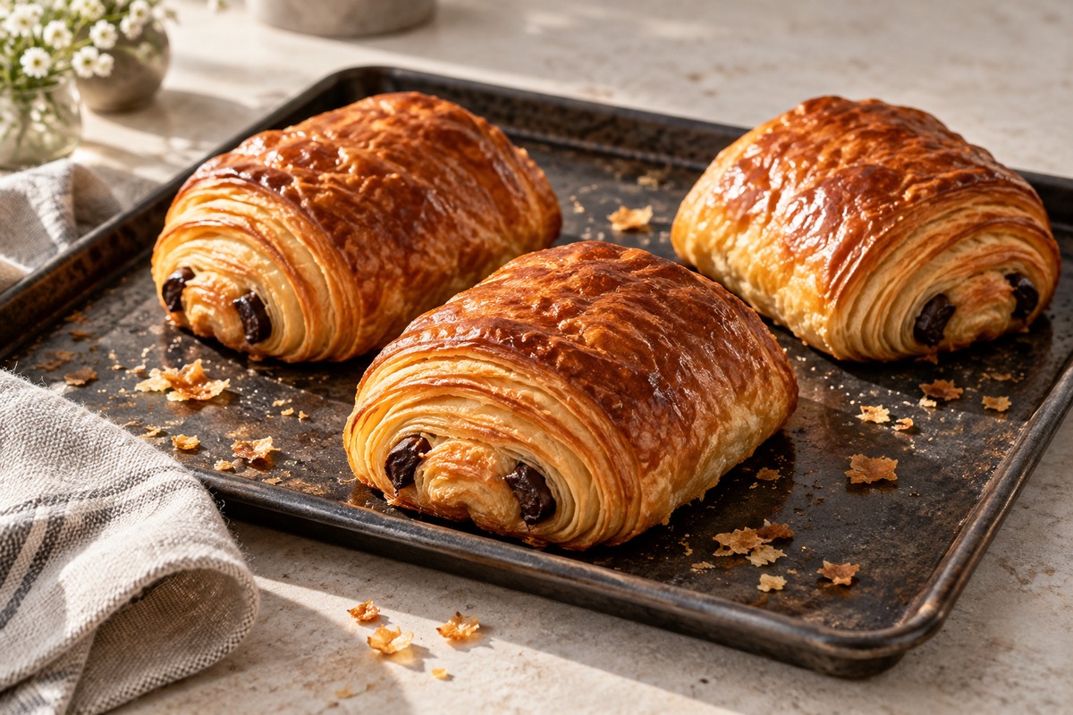 Pains au chocolat maison dorés aux feuillets visibles