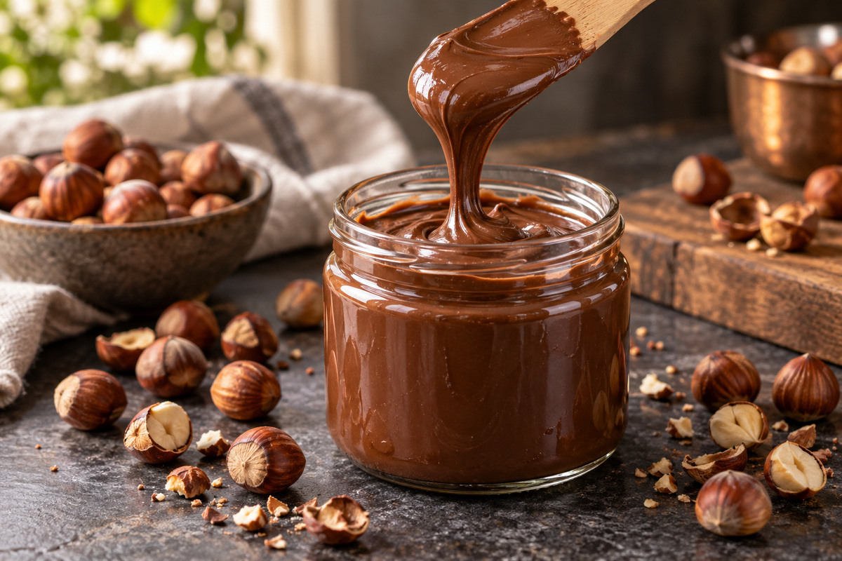 Ruban de pâte à tartiner chocolat-noisette qui tombe dans un bocal avec des noisettes torréfiées