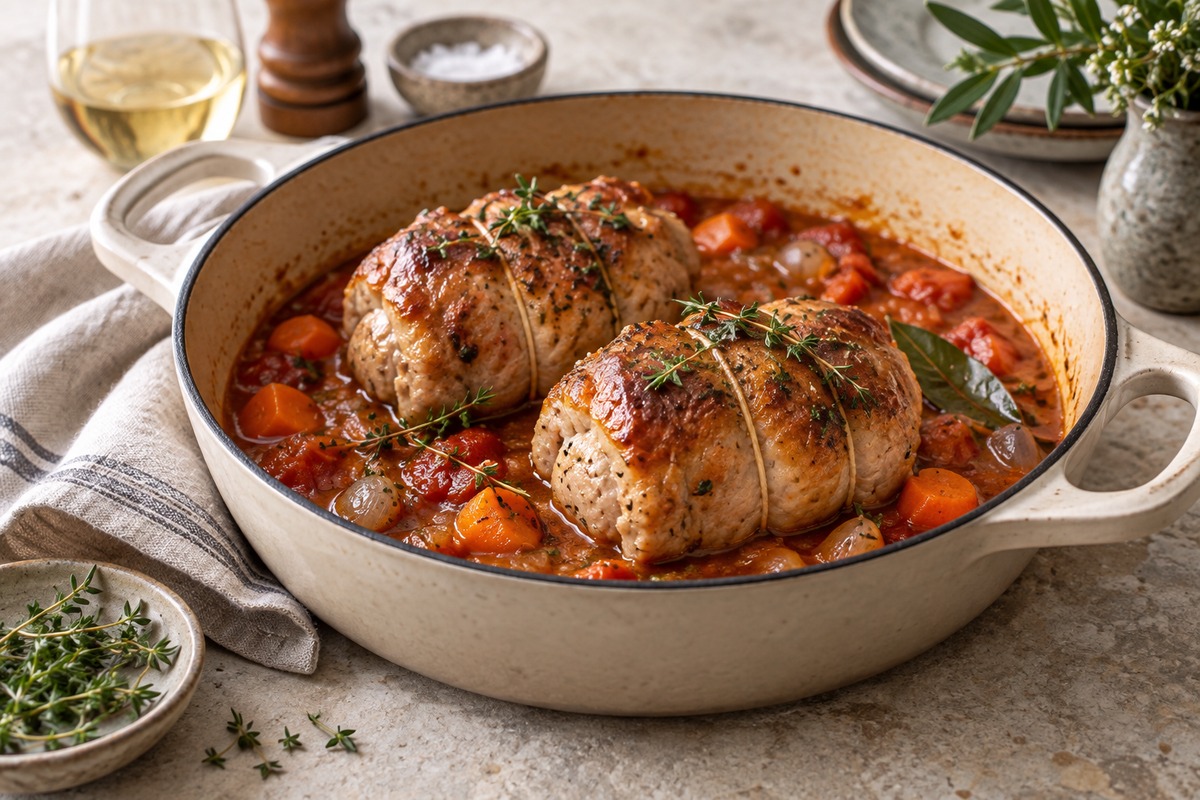 Deux paupiettes de porc dorées dans une sauce tomate et carottes