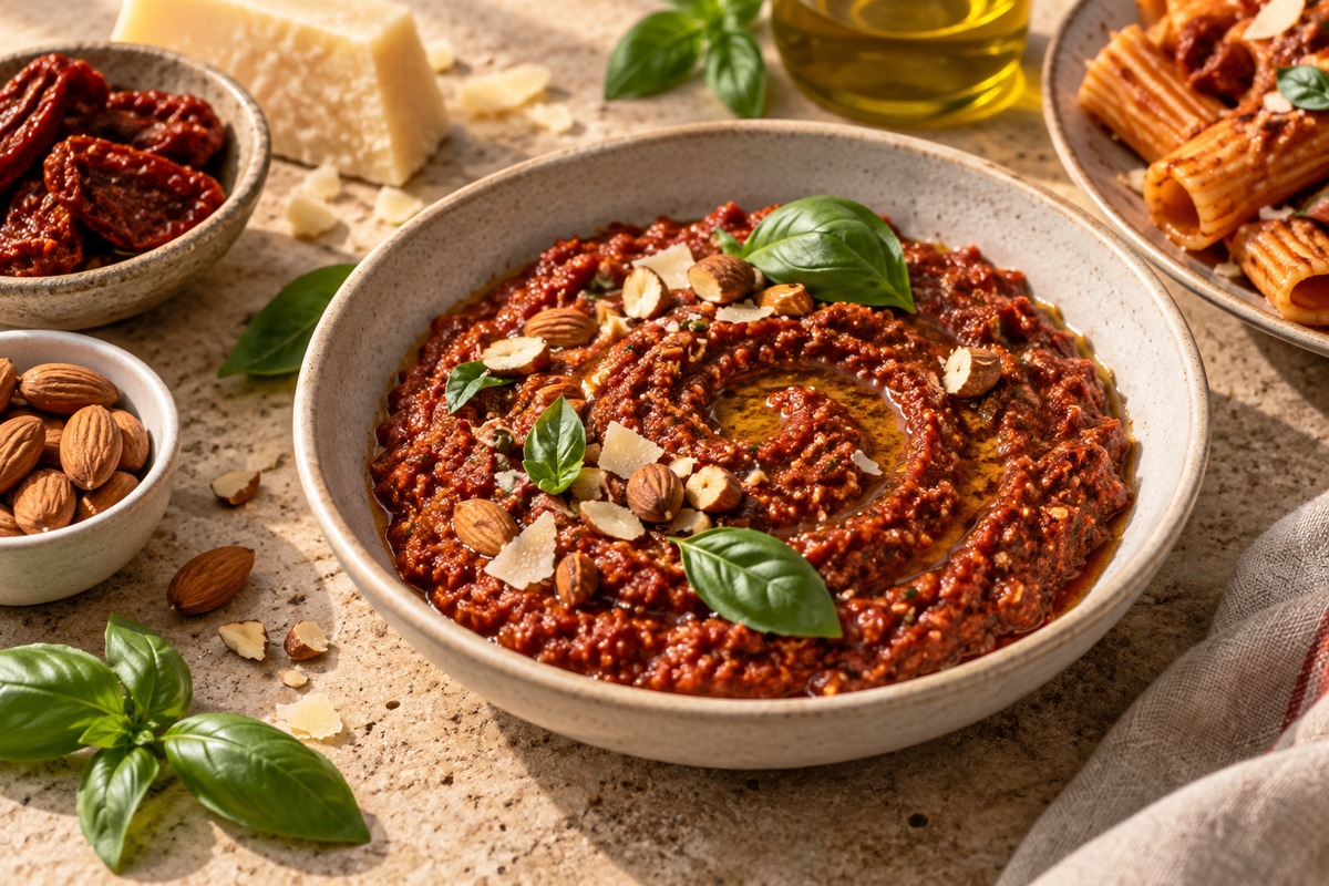 Bol de pesto rosso rouge avec tomates séchées, basilic, parmesan et amandes