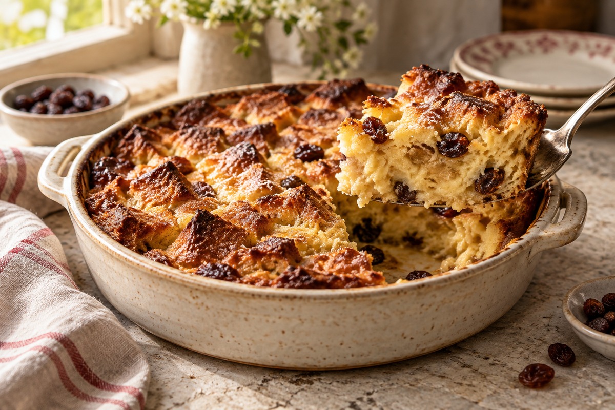 Pudding au pain rassis et raisins doré dans un plat en céramique